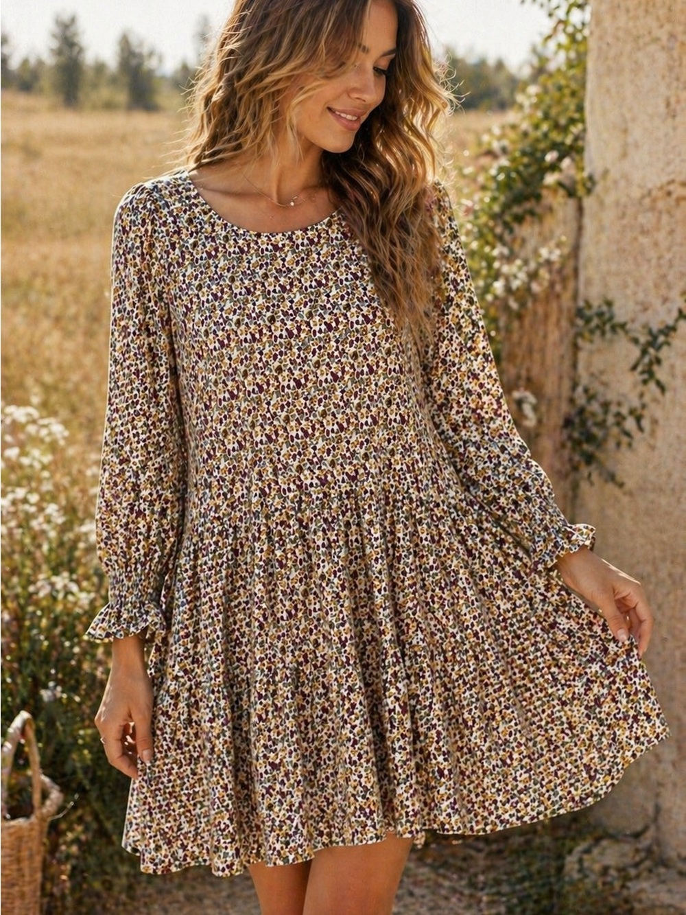 Natural Life Boho Floral Babydoll Dress Medium Rayon Ruffle Sleeve